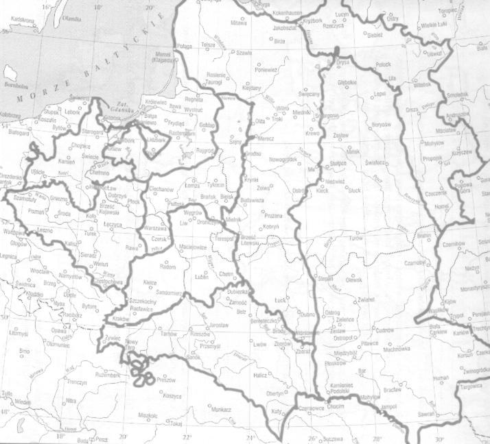 Zadanie 19. (0-3 pkt) Zaznacz na mapie Rzeczypospolitej XVIII wieku obszar: A. Wcielony do Prus po pierwszym rozbiorze. B. Wcielony do Rosji po drugim rozbiorze. C.
