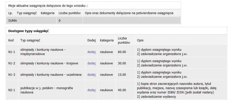 EKRAN 7 WYBÓR OSIĄGNIĘĆ Na Ekranie 7 wskaż swoje osiągnięcia. Znajdź osiągnięcie na liście i kliknij odpowiadający mu link dodaj. Rysunek 20 Ekran ten występuje w dwóch wariantach.