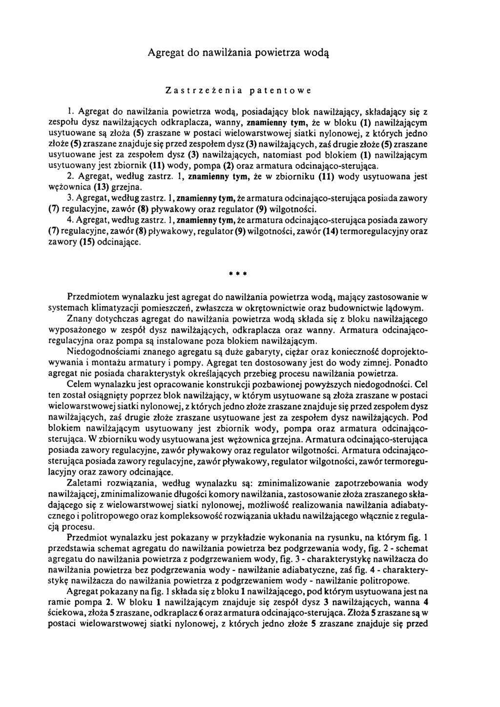 Agregat do nawilżania powietrza wodą Zastrzeżenia patentowe 1.