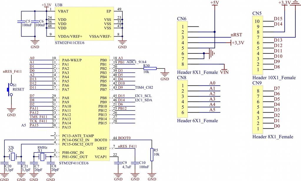 5 Mikrokontroler STM32F411CEU6 Płytka wyposażona jest w 32-bitowy mikrokontroler STM32F411CEU6 firmy STMicroelectronics.