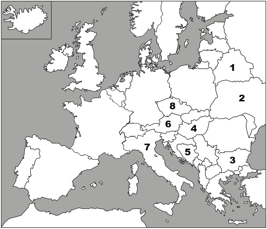 10 Egzamin maturalny z wiedzy o społeczeństwie Zadanie 23. (5 pkt) Na podstawie mapy i własnej wiedzy uzupełnij tabelę dotyczącą państw europejskich.