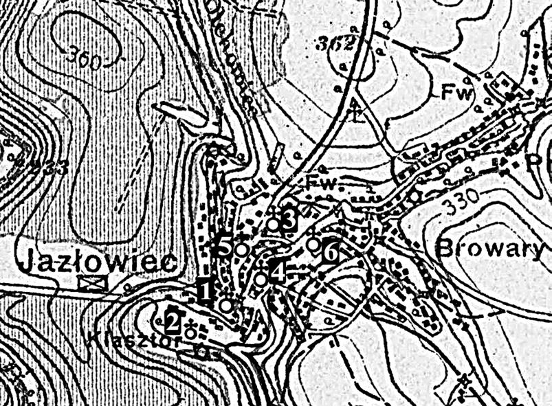 Mapa 11. Jazłowiec na mapie WIG z oznaczeniem obiektów sakralnych: 1. kościół parafialny (dawny klasztor Dominikanów); 2. klasztor Niepokalanek; 3. kaplica cmentarna; 4.