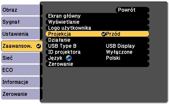 Tryby projekcji 40 d Wybierz ustwienie Projekcj i nciśnij [Enter].