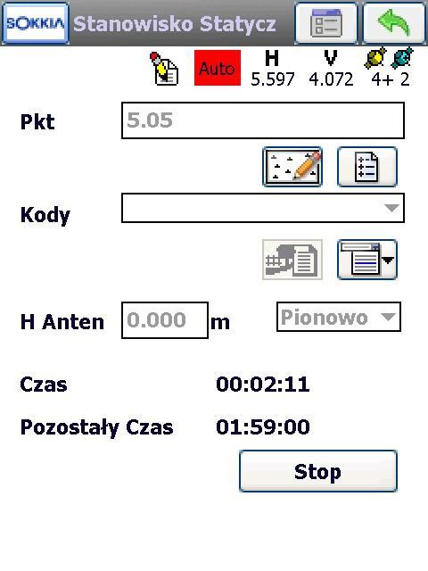 27. W głównym oknie pomiarów statycznych Stanowisko Statycz czekamy na odbiór 4 i więcej satelitów. Klikamy Start i rozpoczynamy pomiar statyczny.