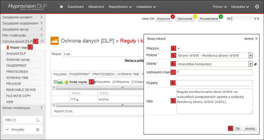 KROK 4: W celu utworzenia reguły bezpieczeństwa należy: 2) W menu Ochrona danych [DLP] kliknąć Reguły i logi. 3) W widoku Reguły i logi kliknąć Dodaj regułę.