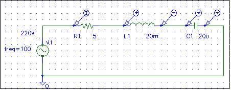 Rys. 3. Schemat układu szeregowego RLC Rysunek jest zrzutem ekranowym z programu (PSPICE) słucego do symulacji układów elektrycznych i elektronicznych.