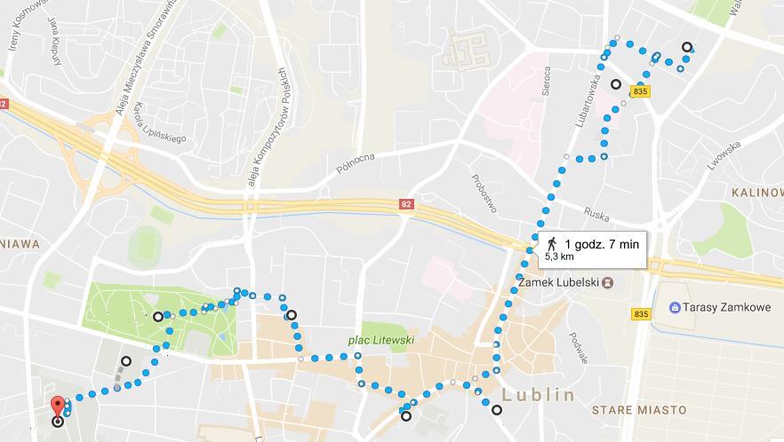 1. Przyporządkujcie numery miejsc punktom na mapie TRASA WĘDRÓWKI I. Jesziwa Jeszywas Chachmej Lublin II. Cmentarz przy ul. Unickiej III. Zespół Szkół Ekonomicznych im. A. i J.