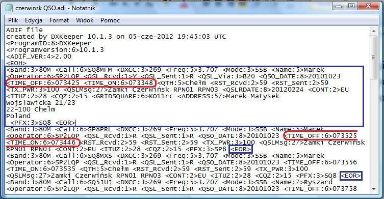 Przykład 2 pozostawienie wybranych łączności w pliku ADIF. Załóżmy, że mamy plik z QSO z kilku zamków, a chcemy mieć tylko z jednego.