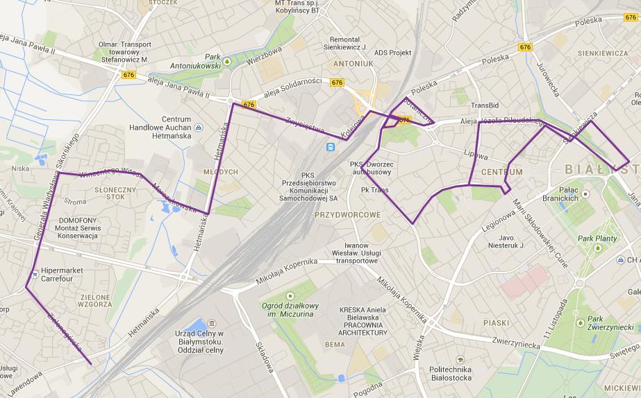 N2 Kierunek 1: ZIELONE WZGÓRZA-Zielonogórska-Wrocławska-Sikorskiego-Witosa-Marczukowska-Hetmańska-Zwycięstwa-Kolejowa-Dąbrowskiego-Poleska- Boh.M.Cassino-Wyszyńskiego-Sosnowskiego-Kalinowskiego-Pl.