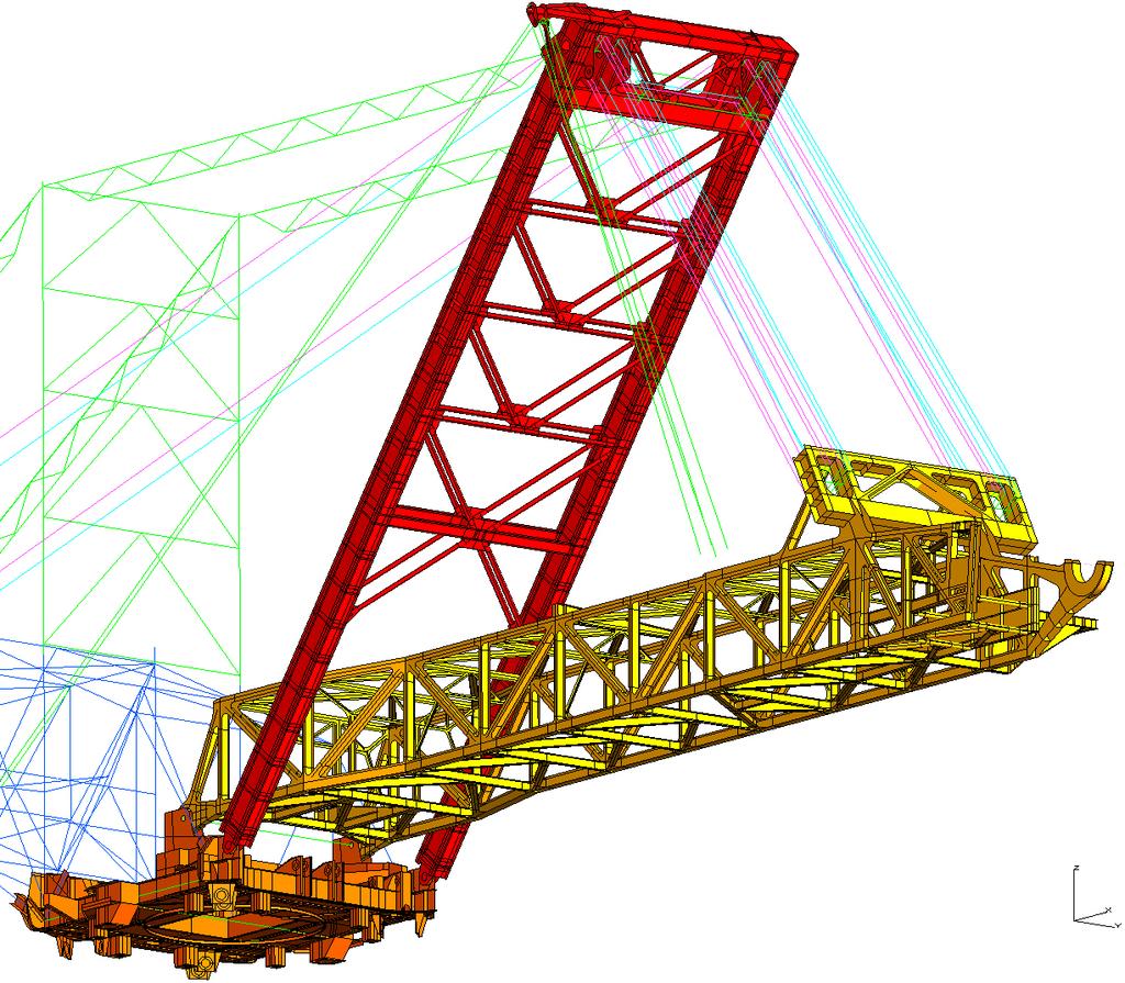 Rys. 7. Model dyskretny, powłokowy wysięgnicy z wysięgnikiem koła czerpakowego Analizę dynamiczną drgań wysięgnicy wraz z innymi zespołami przeprowadzono metodą modalną.