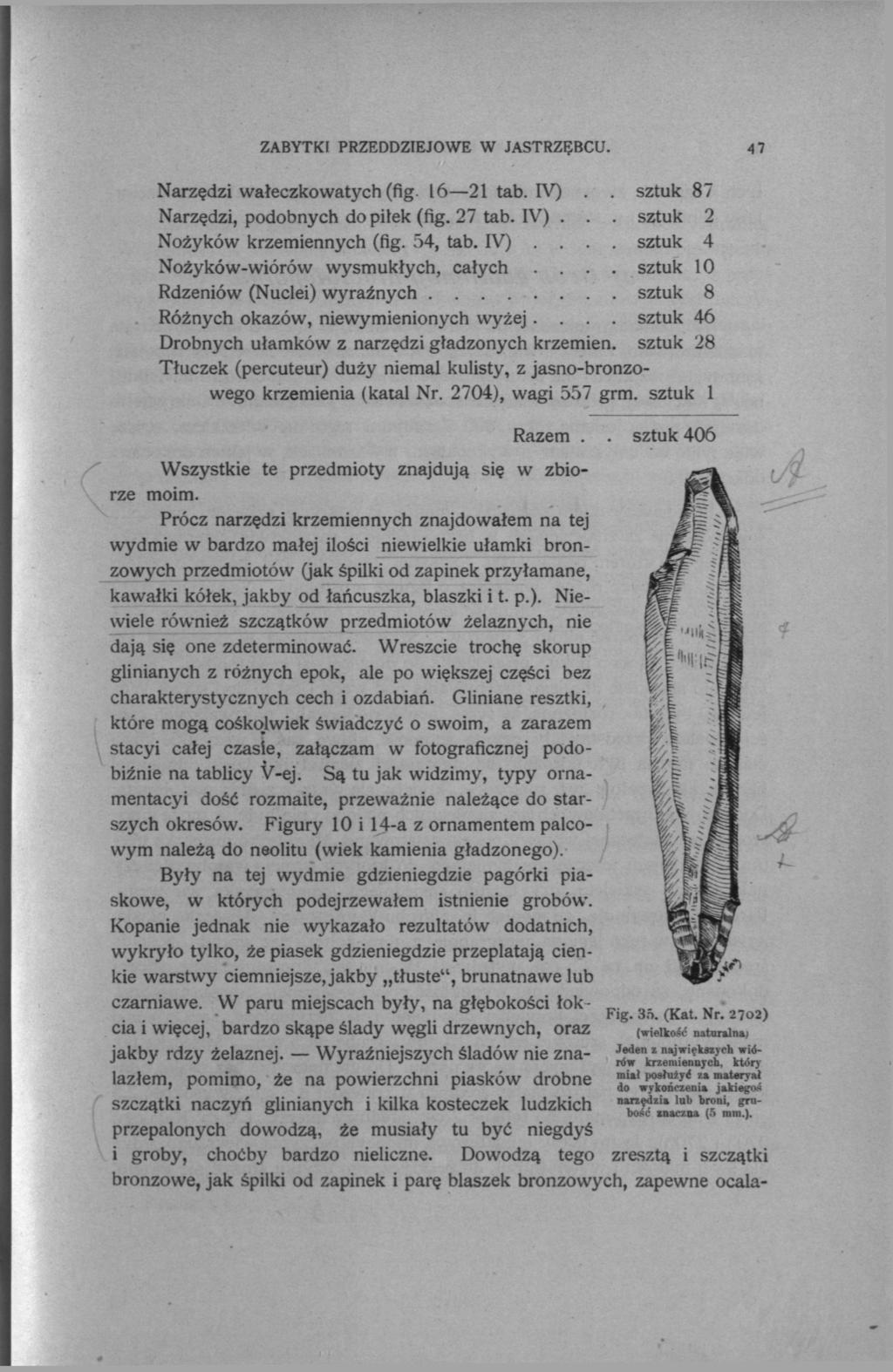 ZABYTKI PRZEDDZIEJOWE W JASTRZĘBCU. 47 Narzędzi wałeczkowatych (fig 16 21 tab. IV).. sztuk 87 Narzędzi, podobnych do piłek (fig. 27 tab. IV)... sztuk 2 Nożyków krzemiennych (fig. 54, tab. IV).... sztuk 4 Nożyków-wiórów wysmukłych, całych.
