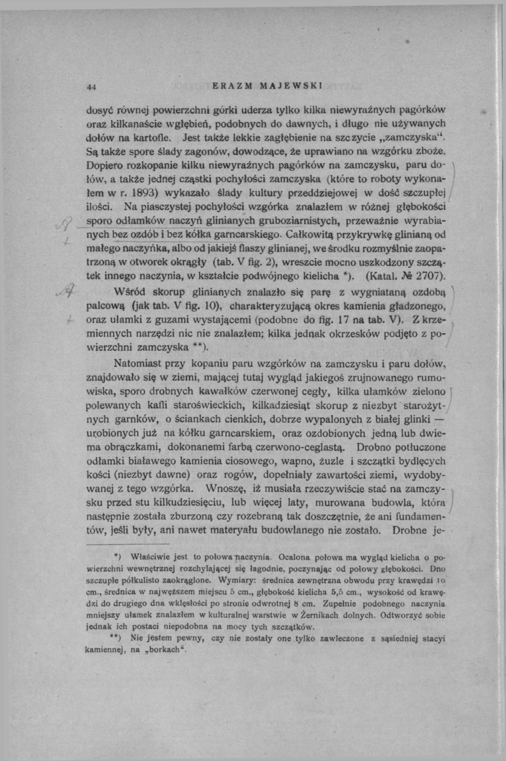 44 ERAZM MAJEWSKI dosyć równej powierzchni górki uderza tylko kilka niewyraźnych pagórków oraz kilkanaście wgłębień, podobnych do dawnych, i długo nie używanych dołów na kartofle.