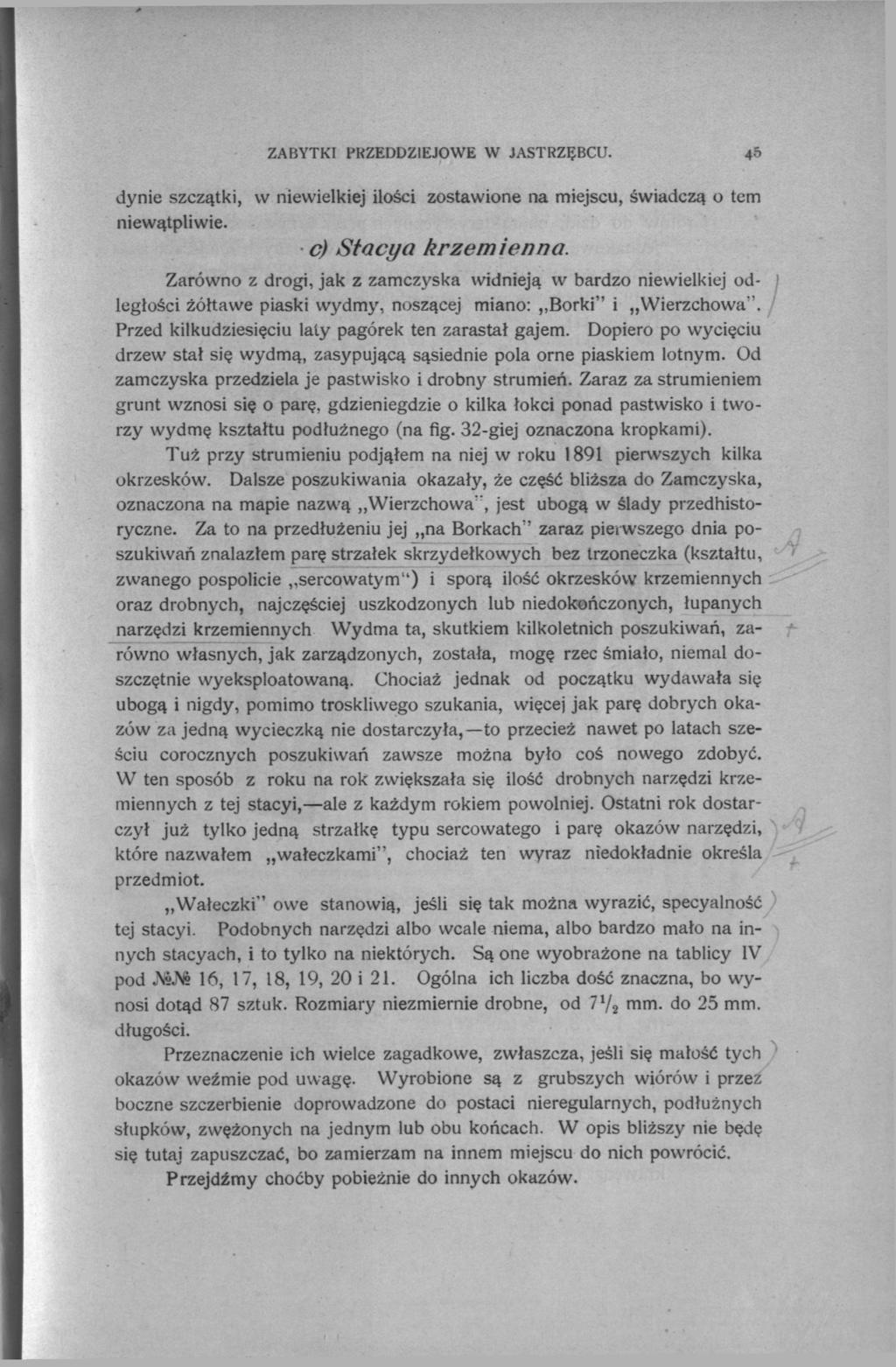 ZABYTKI PRZEDDZIEJOWE W JASTRZĘBCU. 45 dynie szczątki, w niewielkiej ilości zostawione na miejscu, świadczą o tem niewątpliwie. c) Stacy a krzemienna.
