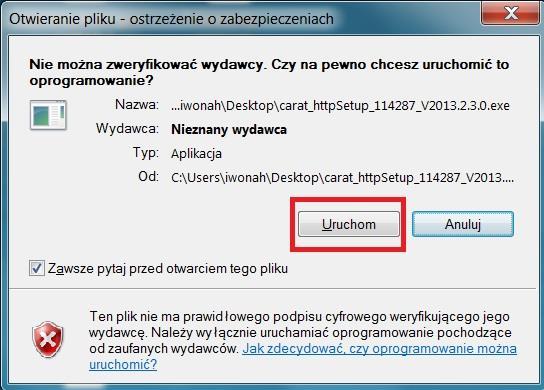 z menu kontekstowego wybrać pozycję Uruchom jako administrator głównie w Windows 7) Może także pojawić się następujący dialog 1, który należy