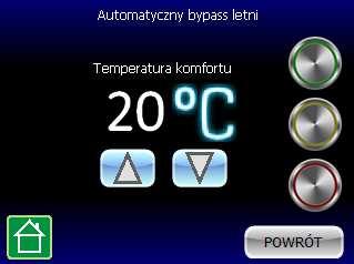 W celu wysterowania ustawiamy na wyświetlaczu pożądaną temperaturę powietrza wyciąganego z pomieszczeń do i aktywujemy funkcję żółtym przyciskiem.