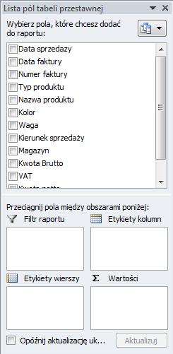 2.2 Ustawianie pól Po wstawieniu tabeli przestawnej widoczny jest prostokąt informujący o tym, że tabela przestawna została w danym miejscu wstawiona (patrz rys.