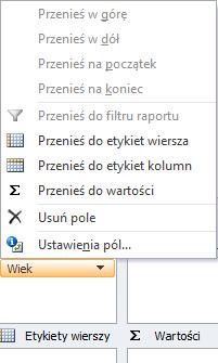 Rys. Ustawienia pola wartości na liście pól. 3. Zaznacz w tabeli przestawnej komórkę, w której znajdują się dane wybranego pola, a następnie przejdź do [Opcje pole Aktywne pole Ustawienia pola]. Rys.