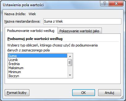 Omówiona zostanie teraz zakładka pierwsza, czyli Podsumowanie wartości według. Dane umiejscowione w konkretnym miejscu tabeli przestawnej, a więc spełniające pewne kryteria (np.