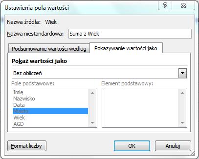 4. Ustawienia pól Sposoby prezentowanie wyników tabeli przestawnej Okna Ustawienia pola wartości pozwala również na zaprezentowanie danych w stosunku do innych danych.