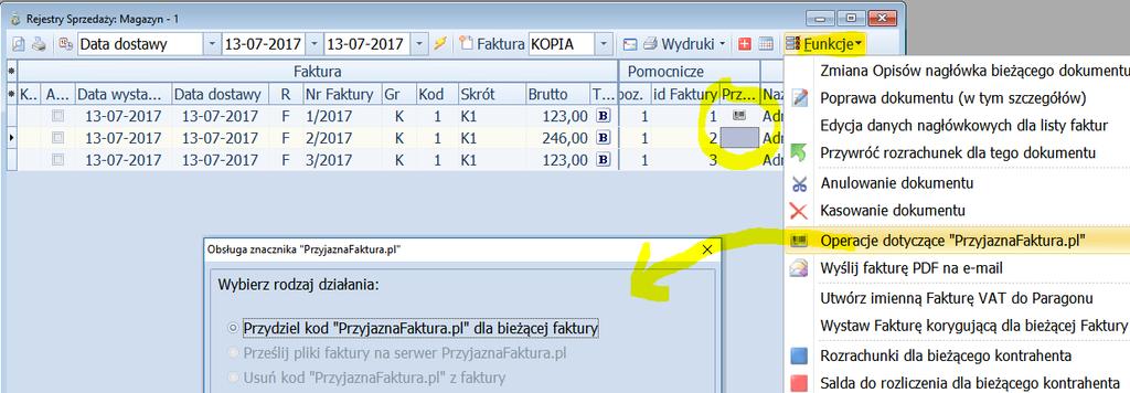 Za pomocą ww. funkcji, faktury którym nadano kod QR, można również wysłać na serwer PrzyjaznaFaktura.pl w postaci plików PDF lub XML.