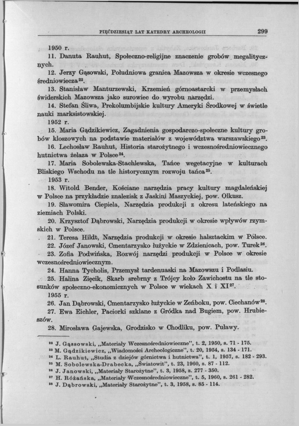 PIĘĆDZIESIĄT LAT KATEDBY ARCHEOLOGII 299 1950 r. 11. Danuta Raułmt, Społeczno-religijne znaczenie grobów megalitycznych. 12.