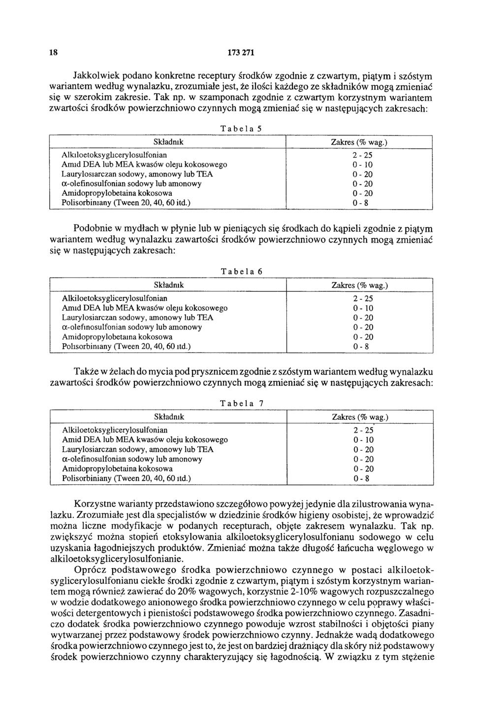 18 173 271 Jakkolwiek podano konkretne receptury środków zgodnie z czwartym, piątym i szóstym wariantem według wynalazku, zrozumiałe jest, że ilości każdego ze składników mogą zmieniać się w szerokim