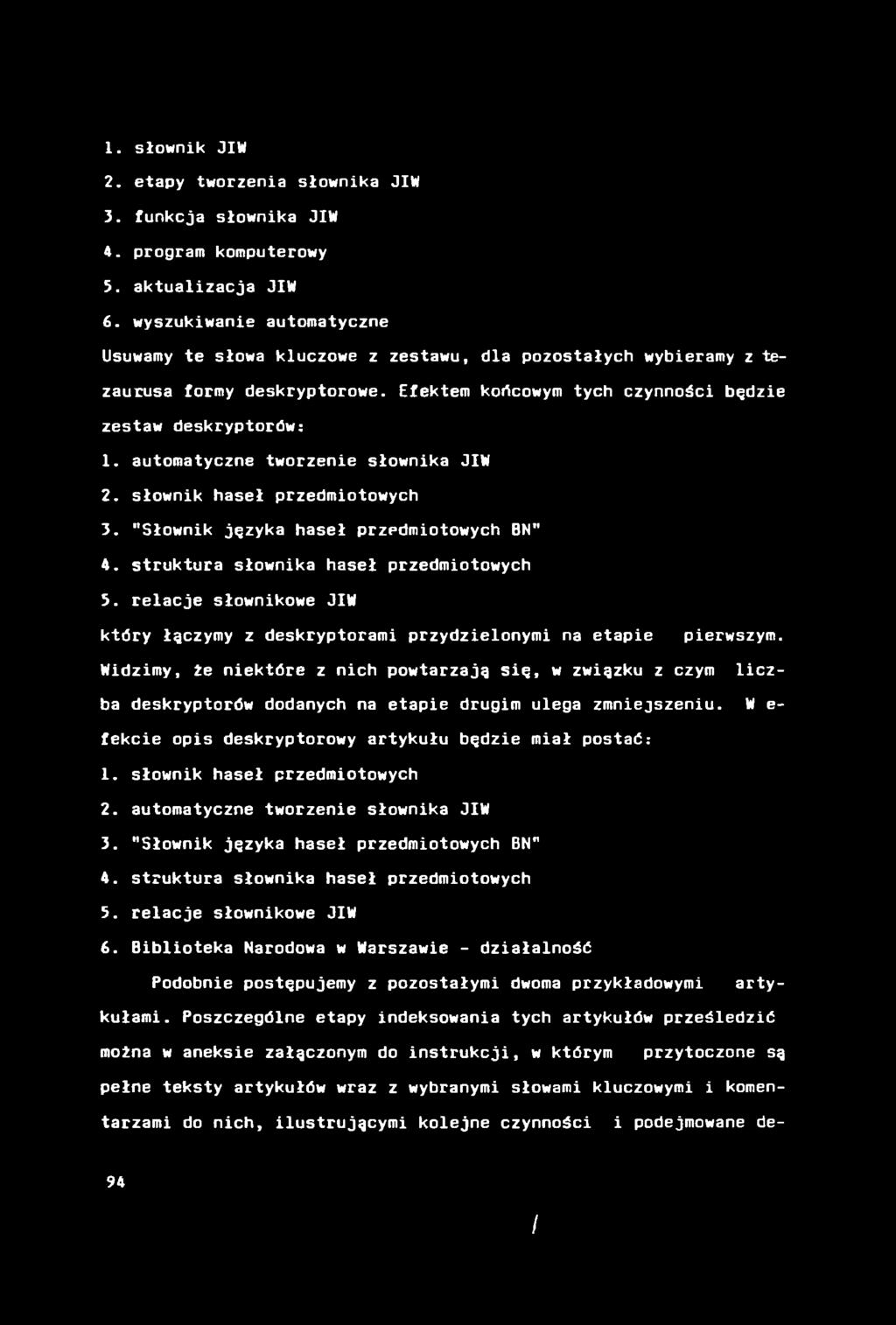 1. słownik JIW 2. etapy tworzenia słownika JIW 3. funkcja słownika JIW 4. program komputerowy 5. aktualizacja JIW 6.
