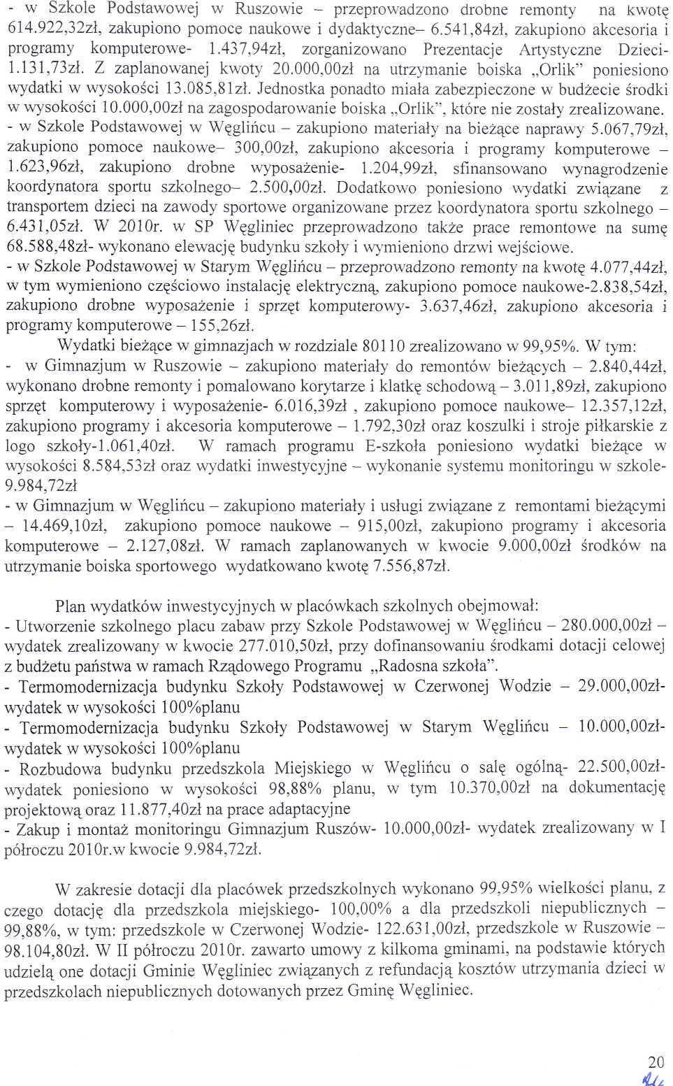 - w Szkole Podstwowej w Ruszowie - przeprowdzono drobne remonty n kwotę 614.922,32zł, zkupiono pomoce nukowe i dydktyczne- 6.541,84zł, zkupiono kcesori i progrmy komputerowe- 1.