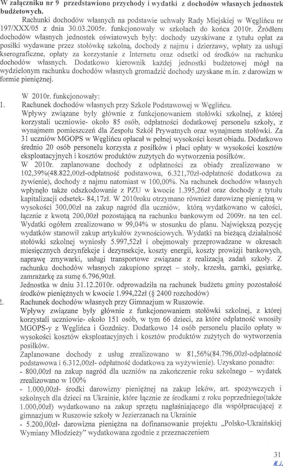 31 MJ. W złączniku nr 9 przedstwiono przychody i wydtki z dochodów włsnych jednostek budżetowych. Rchunki dochodów włsnych n podstwie uchwły Rdy Miejskiej w Węglińcu nr 197/XXX/5 z dni 3.3.25r.