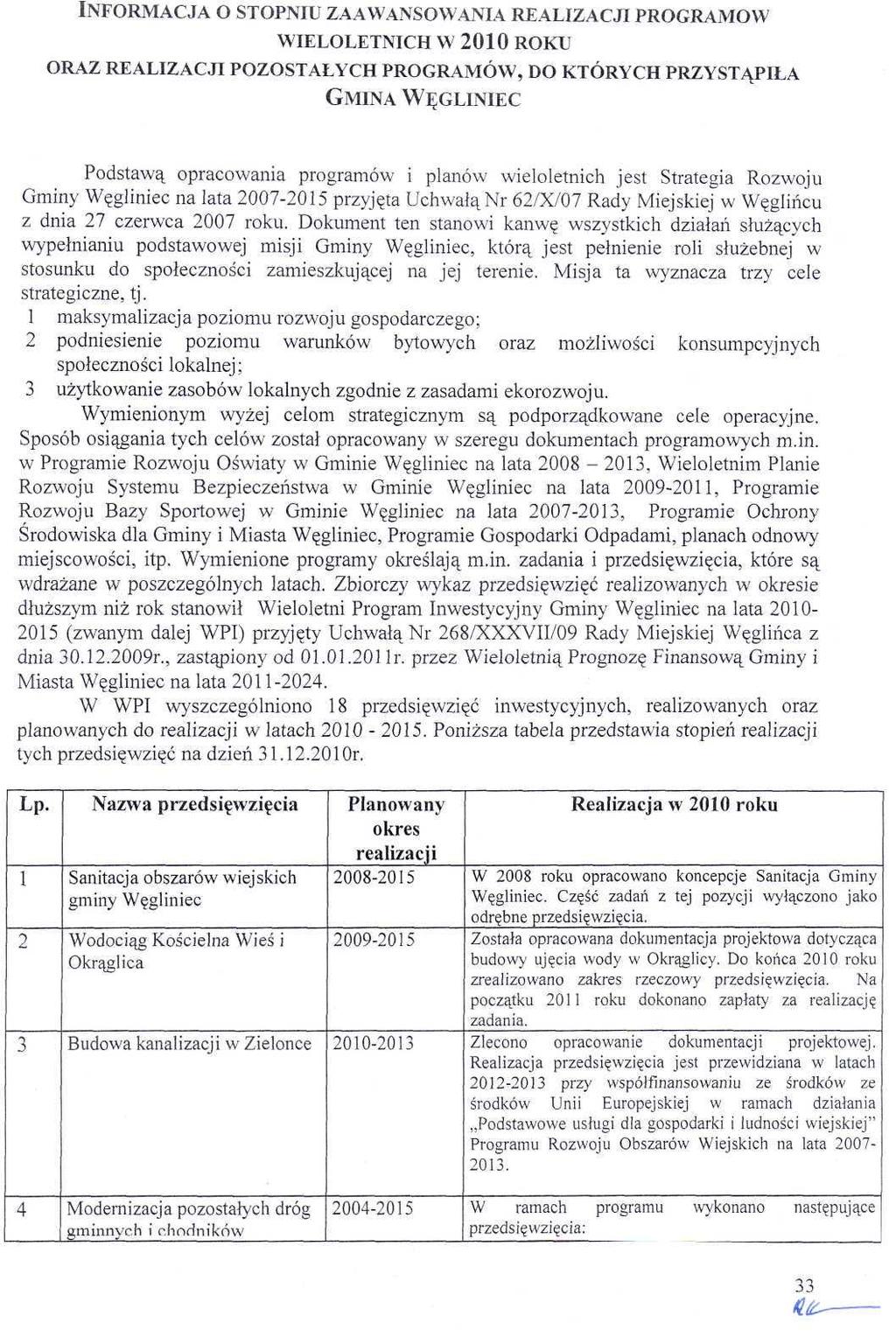 INFORMACJA o STOPNIU ZAAWANSOWANIA REALIZACJI PROGRAMÓW WIELOLETNICH W 21 ROKU ORAZ REALIZACJI POZOSTAŁYCH PROGRAMÓW, DO KTÓRYCH PRZYSTĄPIŁA GMINA WĘGLINIEC Podstwą oprcowni progrmów i plnów