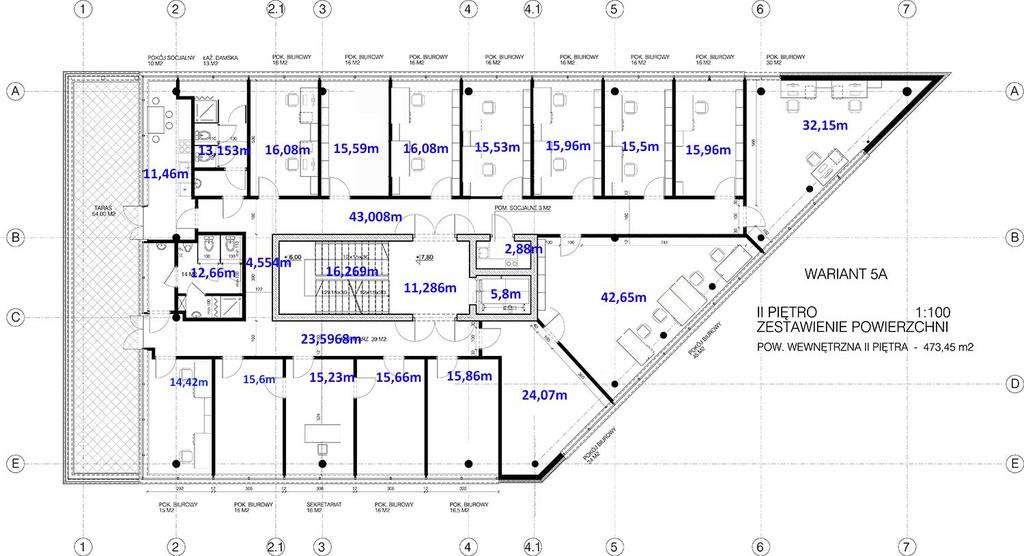 Drugie piętro budynku o powierzchni 470 m 2 składa się z 13 pokoi biurowych oraz 2 sal konferencyjnych (z