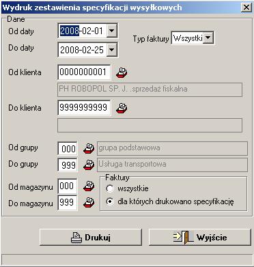 Od daty, Do daty Wybieramy zakres dat dla których ma być generowane zestawienie Typ faktury Od klienta, Do klienta Od grupy, Do grupy Od magazynu, Do magazynu Faktury Określamy dla jakiego typu