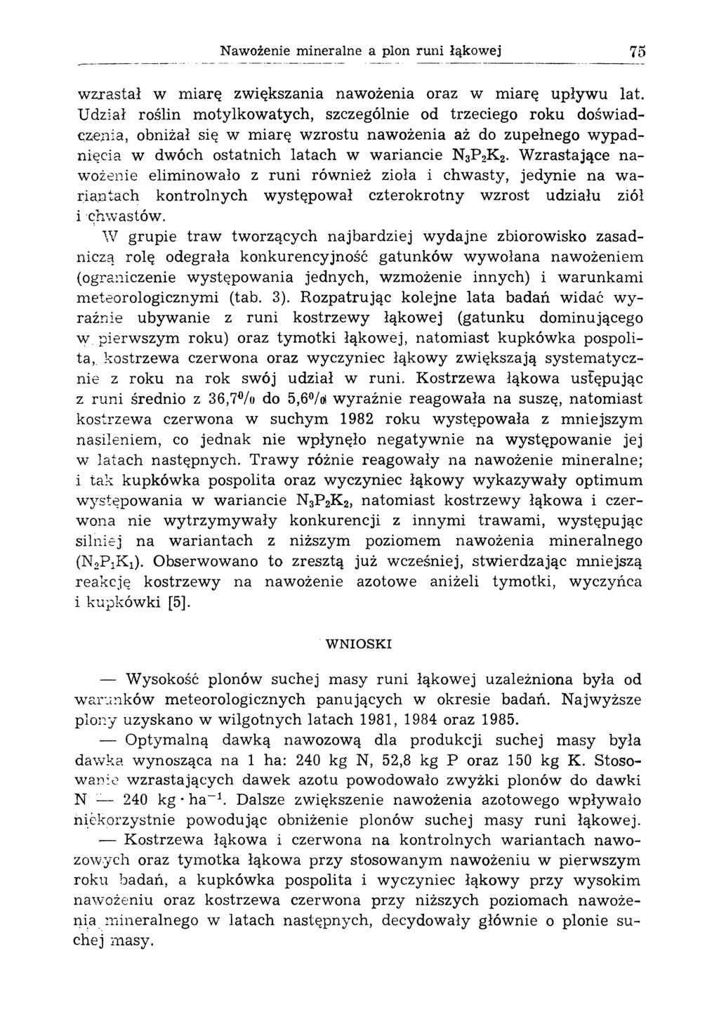 Nawożenie mineralne a plon runi łąkowej 75 wzrastał w miarę zwiększania nawożenia oraz w miarę upływ u lat.