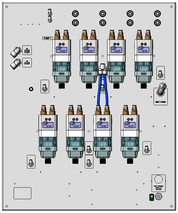4 Panel automatycznego systemu Prodigy z pompami HDLV Wyposa enie panelu Elementy zewnêtrzne 9 7 2 6 3 4 5 0 Rysunek 2 Zewnêtrzne elementy wyposa enia panelu pomp (pokazano panel z pompami).