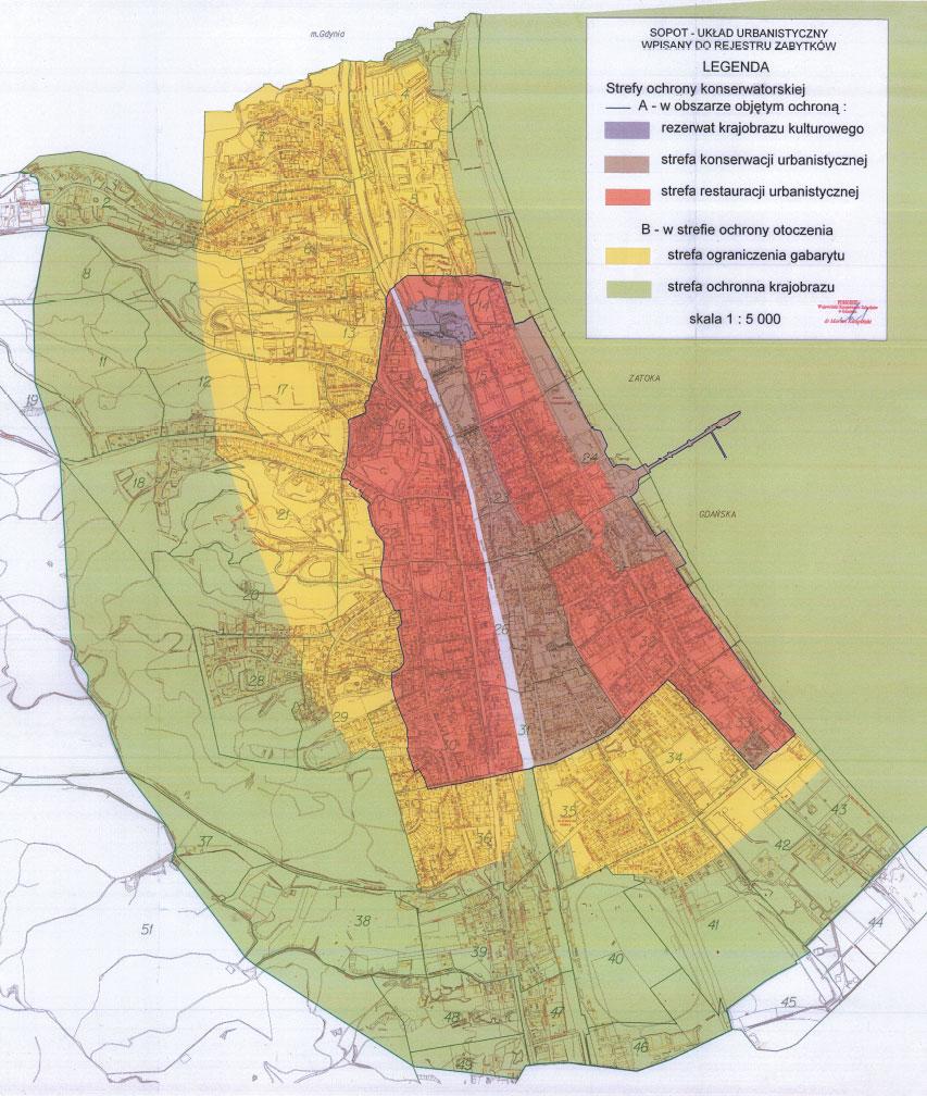 SOPOT / MIASTO POD OCHRONĄ Z uwagi na reprezentowane przezeń historyczne wartości przestrzennoarchitektoniczne, niemal całe miasto Sopot, jako zespół urbanistycznokrajobrazowy, zostało wpisane do