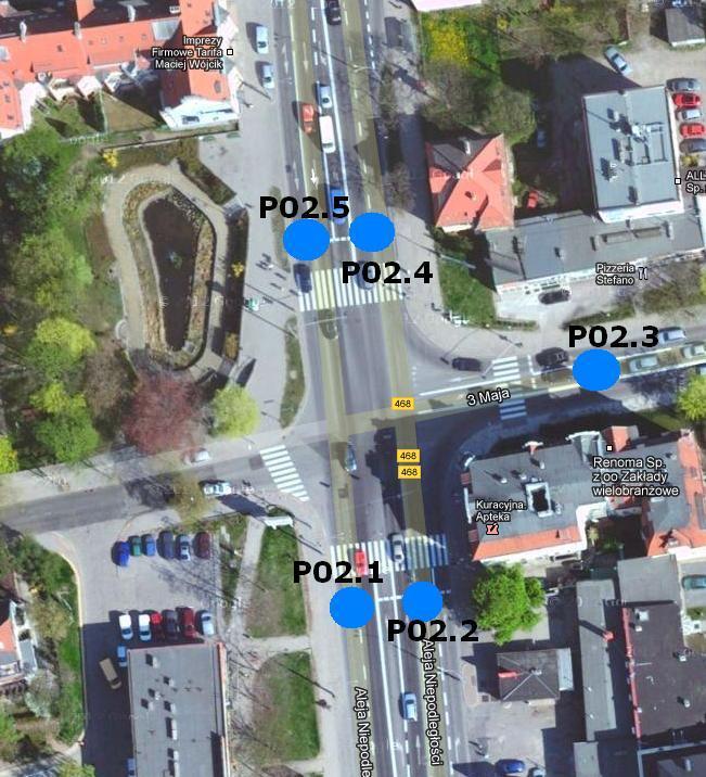 Lokalizacja nr 2 Skrzyżowanie Alei Niepodległości i ul. 3 maja Liczba punktów pomiarowych: 5 P02.