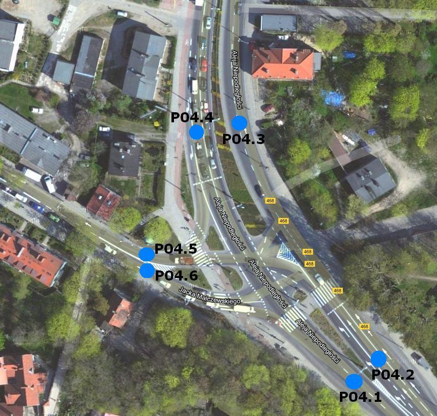 Lokalizacja nr 4 Skrzyżowanie Alei Niepodległości z ul. Jacka Malczewskiego liczba punktów pomiarowych: 6 P04.1 Aleja Niepodległości P04.