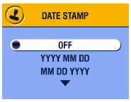 DATA NA ZDJĘCIACH Użyj funkcji Datownik (DATE STAMP) do naniesienia daty na zdjęciu. 1. Upewnij się, że ustawienia zegara są poprawne z zgodne z czasem rzeczywistym 2. Naciśnij Menu 3.
