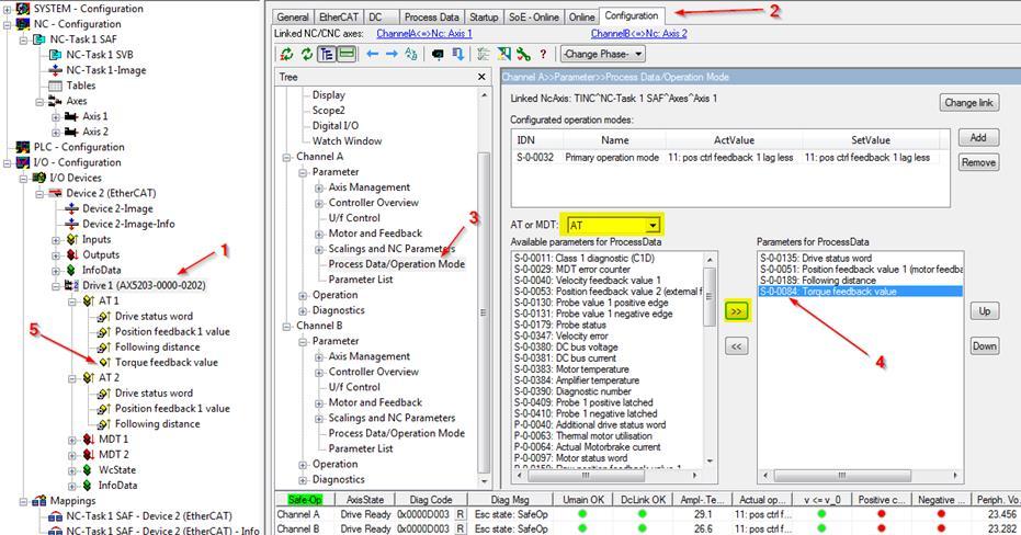 2. Modyfikacja konfiguracji w TwinCAT System Manager a. Monitorowanie momentu AX5xxx Należy dodać zmienną Torque feedback value (S-0-0084) w obszarze wejść (AT) określonego kanału serwonapędu AX5xxx.