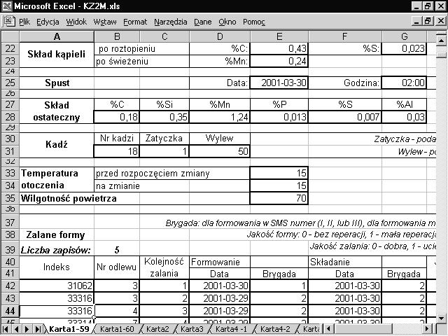 89 przygotowanie form (np. użyte masy formierskie i rdzeniowe, własności mas, zastosowane pokrycia, itp.), zalewanie form (np. kolejność zalania, jakość zalania, remonty kadzi, itp.