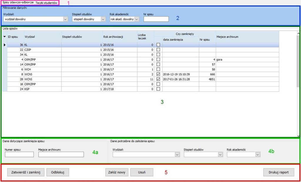 III. Podział okien na sekcje. Wszystkie podstawowe dane związane z obsługą teczek dostępne są w oknie: Spisy zdawczo-odbiorcze -> Obsługa teczek studentów.