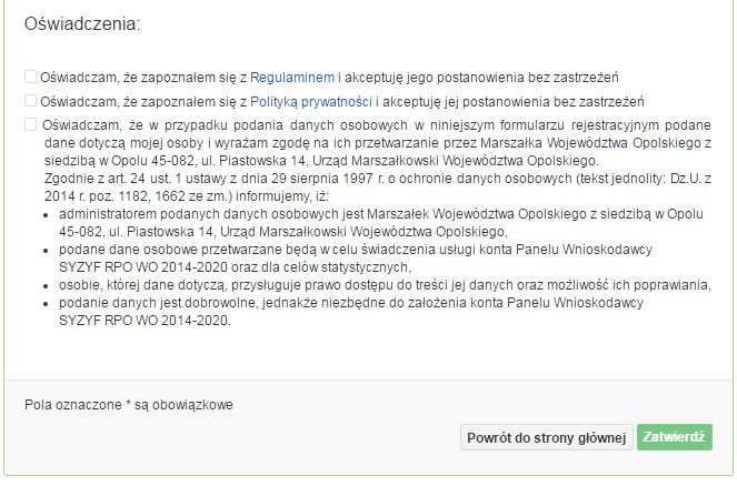 4. Zapoznaj się z oświadczeniami i zaakceptuj je. W tym celu zaznacz wszystkie checkboxy obok oświadczeń i kliknij przycisk Zatwierdź. 5.