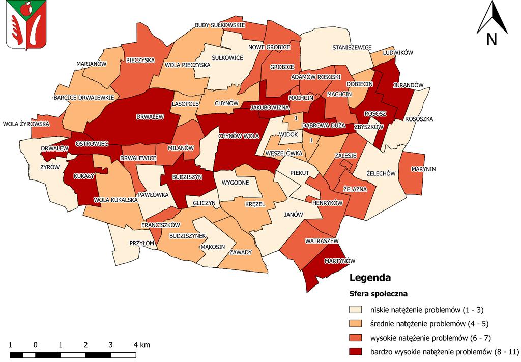 Mapa 3 Koncentracja negatywnych zjawisk w sferze społecznej w poszczególnych jednostkach referencyjnych na terenie Gminy Chynów Źródło: Opracowanie własne na