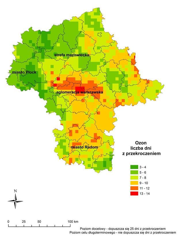 Mapa 9 Klasyfikacja stref pod względem kryterium ochrony zdrowia dla ozonu cel długoterminowy na terenie województwa mazowieckiego w 2014 roku Źródło: Roczna
