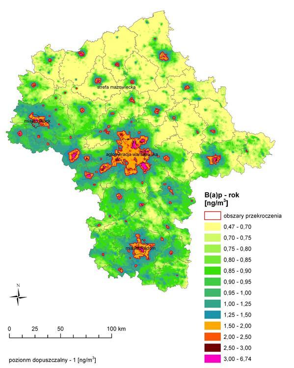 Udokumentowany pomiarami obszar przekroczeń poziomu docelowego benzo(a)pirenu obejmował głównie północno-wschodnią i centralną część województwa mazowieckiego oraz został odnotowany w miastach