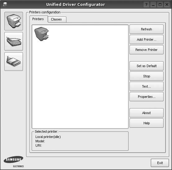 Korzystanie z programu Unified Driver Configurator Unified Linux Driver Configurator to narzędzie służące głównie do konfigurowania drukarek i urządzeń wielofunkcyjnych.