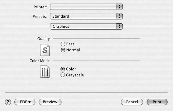 Graphics Karta Graphics zawiera opcje umożliwiające wybór opcji Resolution(Quality) oraz Color Mode. Wybierz opcję Graphics z listy rozwijalnej Presets, aby uzyskać dostęp do funkcji graficznych.