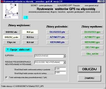 Program przelicza wektory GPS na odpowiadające im wektory biegunowe linii geodezyjnych na elipsoidzie (długość linii, azymut początkowy).