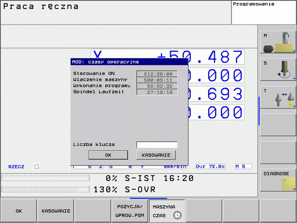 12.5 Wyświetlanie czasu roboczego Zastosowanie Przez softkey CZAS MASZYNY można wyświetlać różne rodzaje przepracowanego czasu: Przepracowany czas Sterowanie on Maszyna on Producent maszyn może oddać