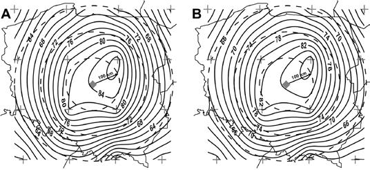48 P. Piotrowski Rys. 2. Zgodność procentowa kierunku adwekcji względem centrum Polski w oparciu o dane co 6 godzin (A) i dominantę dobową (B) Fig. 2. Compatibility of advection direction with respect to the center of Poland based on data every 6 hours (A) and mode for 24 hours (B) Rys.